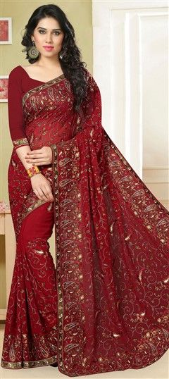 Party Wear Red and Maroon color Saree in Georgette fabric with Embroidered, Lace, Resham, Stone, Thread work : 703617