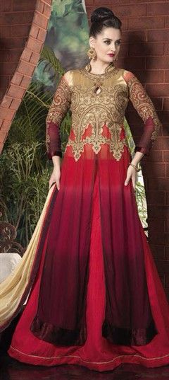 707195 Red and Maroon  color family Long Lehenga Choli in Georgette fabric with Lace,Machine Embroidery,Thread work .