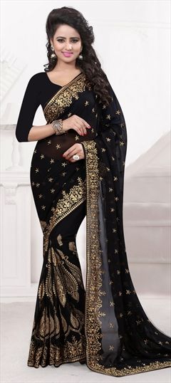 Party Wear Black and Grey color Saree in Georgette fabric with Classic Embroidered, Thread, Zari work : 713956