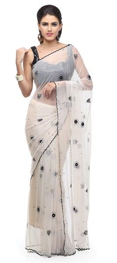 715709 White and Off White  color family Party Wear Sarees in Net fabric with Machine Embroidery, Swarovski, Thread work   with matching unstitched blouse.
