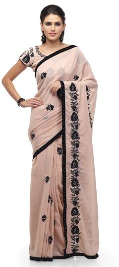 715711 Pink and Majenta  color family Embroidered Sarees, Party Wear Sarees in Faux Georgette fabric with Machine Embroidery, Thread work   with matching unstitched blouse.