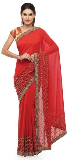 715712 Red and Maroon  color family Party Wear Sarees in Faux Georgette fabric with Moti work   with matching unstitched blouse.