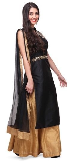 722576 Black and Grey, Gold  color family Long Lehenga Choli in Raw Dupion Silk fabric with Mirror, Patch work .