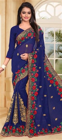 Party Wear Blue color Saree in Georgette fabric with Classic Border, Embroidered, Resham, Thread, Zari work : 723780
