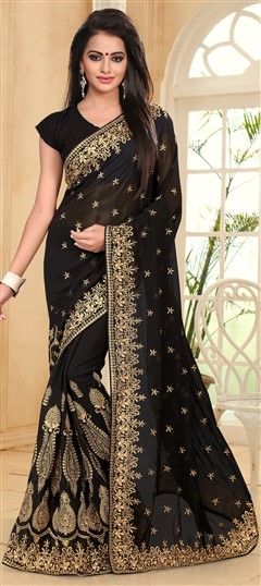 Party Wear Black and Grey color Saree in Georgette fabric with Border, Embroidered, Thread, Zari work : 723782