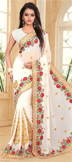 Party Wear White and Off White color Saree in Georgette fabric with Border, Embroidered, Resham, Thread, Zari work : 723784