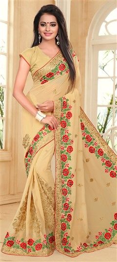 Party Wear Beige and Brown color Saree in Georgette fabric with Classic Border, Embroidered, Resham, Thread, Zari work : 723785