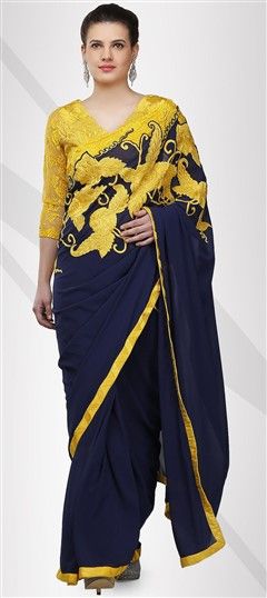 725445 Blue  color family Embroidered Sarees, Party Wear Sarees in Faux Georgette fabric with Lace, Machine Embroidery, Resham, Thread work   with matching unstitched blouse.