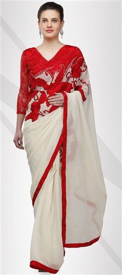 725446: Party Wear White and Off White color Saree in Faux Georgette fabric with Embroidered, Lace, Resham, Thread work