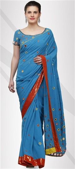 725464 Blue  color family Party Wear Sarees in Faux Georgette fabric with Lace,Mirror,Sequence,Thread work   with matching unstitched blouse.