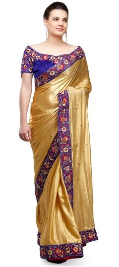 728376 Gold  color family Party Wear Sarees in Faux Georgette fabric with Border, Stone work   with matching unstitched blouse.