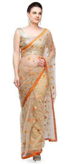 728378 Beige and Brown  color family Party Wear Sarees in Net fabric with Thread, Zari work   with matching unstitched blouse.