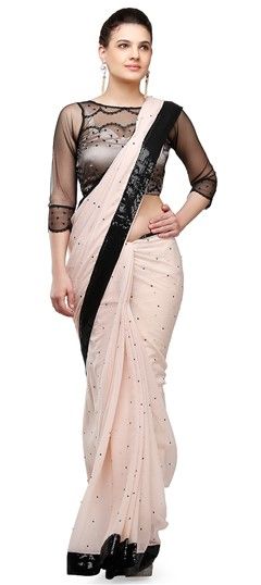 728381 White and Off White  color family Party Wear Sarees in Faux Chiffon fabric with Sequence, Stone work   with matching unstitched blouse.