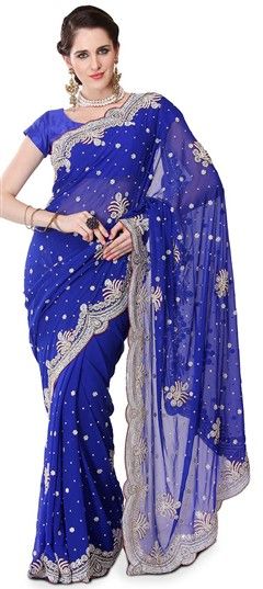 Party Wear Blue color Saree in Georgette fabric with Classic Cut Dana, Mirror, Moti, Resham, Zircon work : 728386