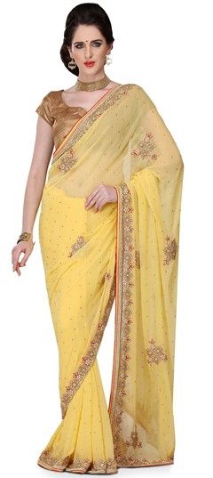 Party Wear Yellow color Saree in Georgette fabric with Moti, Stone work : 728388