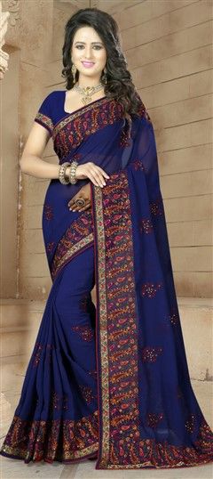 Party Wear Blue color Saree in Georgette fabric with Border, Embroidered, Resham, Stone, Thread work : 729510