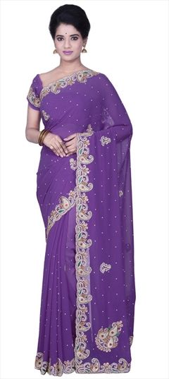 734257 Purple and Violet  color family Party Wear Sarees in Georgette fabric with Cut Dana, Resham, Zircon work   with matching unstitched blouse.
