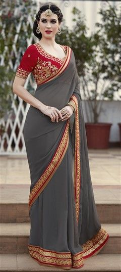 737585 Black and Grey  color family Embroidered Sarees, Party Wear Sarees in Faux Georgette fabric with Lace, Machine Embroidery, Thread, Zari work   with matching unstitched blouse.