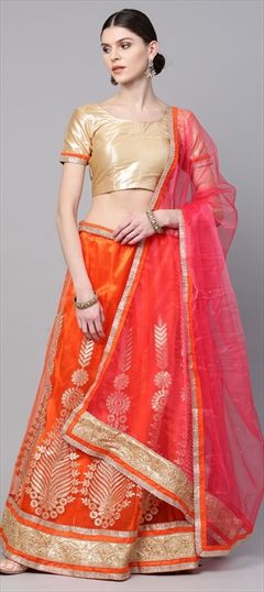 Mehendi Sangeet, Party Wear Orange color Lehenga in Net fabric with Border, Embroidered, Stone, Thread, Zari work : 738461