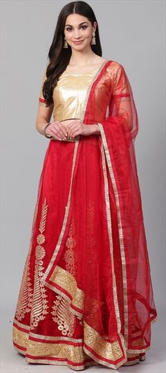 Mehendi Sangeet, Party Wear Red and Maroon color Lehenga in Net fabric with Border, Embroidered, Stone, Thread, Zari work : 738465