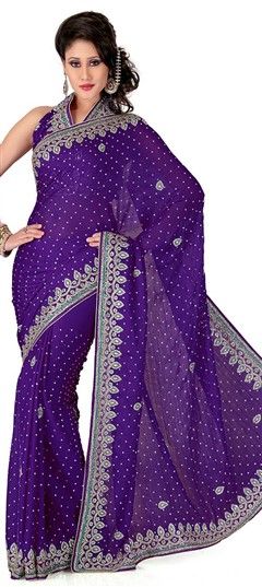 741216 Purple and Violet  color family Bridal Wedding Sarees, Party Wear Sarees in Georgette fabric with Stone work   with matching unstitched blouse.