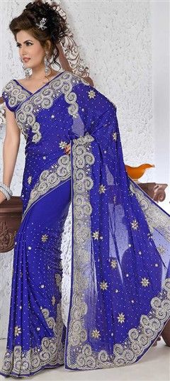 741219 Blue  color family Bridal Wedding Sarees, Party Wear Sarees in Georgette fabric with Stone work   with matching unstitched blouse.