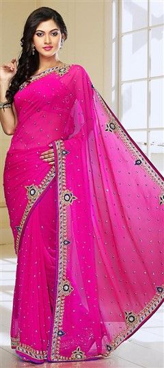 741223 Pink and Majenta  color family Bridal Wedding Sarees, Party Wear Sarees in Georgette fabric with Machine Embroidery, Stone, Thread work   with matching unstitched blouse.