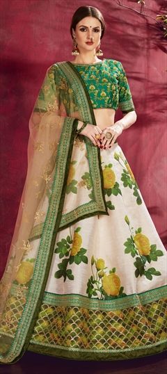 745600 White and Off White  color family Brides maid Lehenga, Mehendi & Sangeet Lehenga in Silk fabric with Floral, Machine Embroidery, Printed, Resham, Thread work .