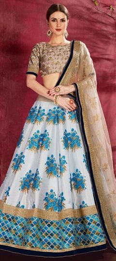 Mehendi Sangeet, Party Wear White and Off White color Lehenga in Silk fabric with Embroidered, Printed, Resham, Thread work : 745601