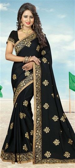 Party Wear Black and Grey color Saree in Georgette fabric with Embroidered, Thread, Zari work : 746600