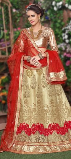 Mehendi Sangeet, Party Wear Beige and Brown color Lehenga in Net fabric with Border, Embroidered, Mirror, Resham, Stone, Thread, Zari work : 749897