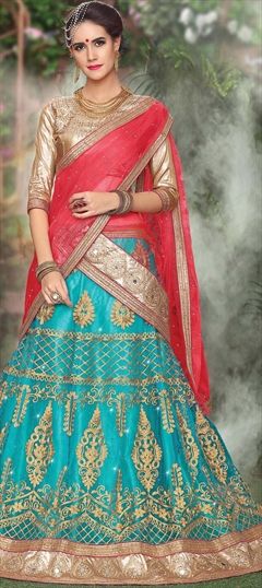 Mehendi Sangeet, Party Wear Blue color Lehenga in Net fabric with Border, Embroidered, Mirror, Stone, Thread, Zari work : 749899