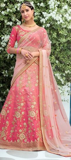 753563 Pink and Majenta  color family Bridal Lehenga,Mehendi & Sangeet Lehenga in Silk fabric with Gota Patti,Machine Embroidery,Thread,Zari work .