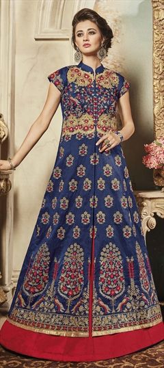 Mehendi Sangeet, Party Wear Blue color Lehenga in Raw Dupion Silk, Silk fabric with Embroidered, Thread work : 753703