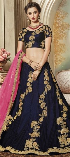 753706 Blue  color family Bridal Lehenga in Velvet fabric with Machine Embroidery, Thread work .