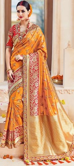 Party Wear Orange color Saree in Banarasi Silk, Silk fabric with Embroidered, Thread work : 758093
