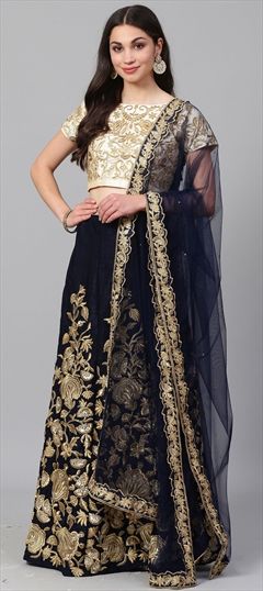Mehendi Sangeet, Party Wear Blue color Lehenga in Velvet fabric with Embroidered, Thread work : 765953