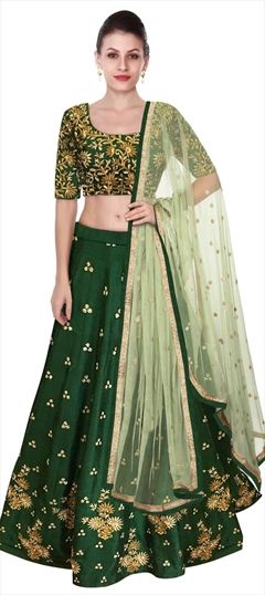 Mehendi Sangeet, Party Wear Green color Lehenga in Art Silk, Silk fabric with A Line Embroidered, Thread work : 765955