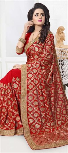Party Wear Red and Maroon color Saree in Georgette fabric with Border, Embroidered, Stone, Thread, Zari work : 766034