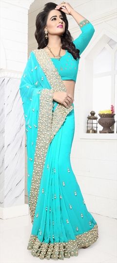 Party Wear Blue color Saree in Georgette fabric with Moti, Stone, Thread, Zari work : 766035