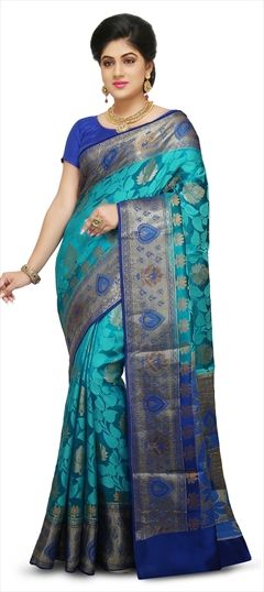 767130: Traditional Blue color Saree in Banarasi Silk fabric with Thread work