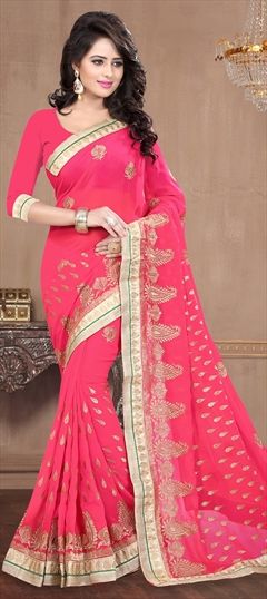 Party Wear Pink and Majenta color Saree in Georgette fabric with Classic Embroidered, Lace, Thread, Zari work : 768094