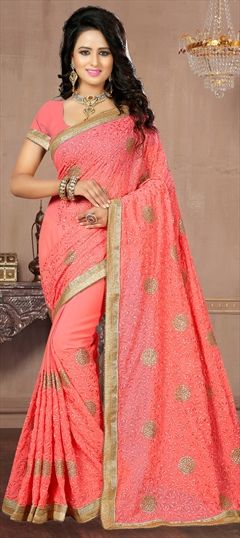 Party Wear Pink and Majenta color Saree in Georgette fabric with Classic Embroidered, Lace, Resham, Thread, Zari work : 768096