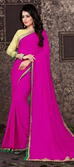 Party Wear Pink and Majenta color Saree in Georgette fabric with Classic Lace work : 768356