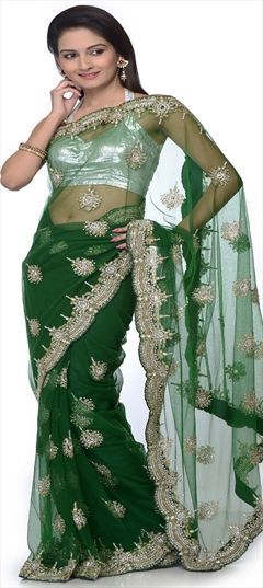 768967: Bridal Green color Saree in Net fabric with Bugle Beads, Resham, Thread, Zircon work