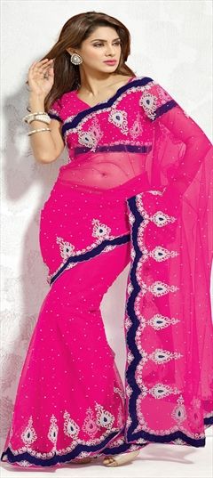 768968: Bridal Pink and Majenta color Saree in Georgette fabric with Bugle Beads, Resham, Thread, Zircon work