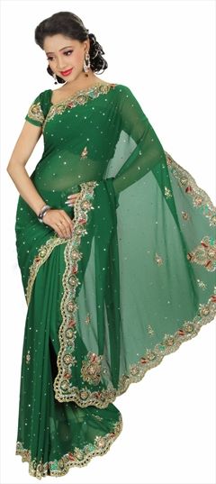 768976: Bridal Green color Saree in Georgette fabric with Bugle Beads, Resham, Thread, Zircon work