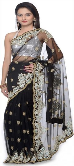 768979: Bridal Black and Grey color Saree in Net fabric with Bugle Beads, Resham, Thread, Zircon work