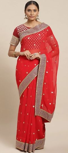 Party Wear Red and Maroon color Saree in Georgette fabric with Embroidered, Thread work : 769527