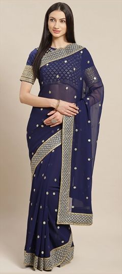 Party Wear Blue color Saree in Georgette fabric with Embroidered, Thread work : 769528